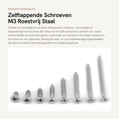 Dailygoods- Zelftappende Schroeven 200 Stuks - Roestvrij Staal 304 - Houtmoer Set - M3 - Panoramisch/Platte/Laars Hoofd - Corrosiebestendig