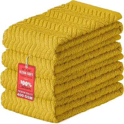 Set van 4 theedoeken, 100% katoen, 38 x 64 cm, absorberende keukenhanddoeken, pluisvrije droogdoeken voor de keuken, premium kwaliteit, 400 g/m², keukenhulpset (geel)