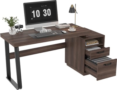 Merax Bureau 135x54 cm met Lades & Ordner/Hangmappenlade – Minimalistisch/Industrieel – Bruin – Computertafel/Schrijftafel met Opbergruimte