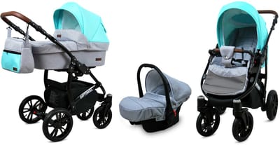BabyLux® Kinderwagen 3in1 – OPTIMAL - SILVER MINT BLACK FRAME - Opklapbare Wandelwagen incl. Reiswieg, Multifunctionele Buggy Sportstoel, Autostoel - Combi-kinderwagen met Luiertas, Regenhoes, Klamboe, Bekerhouder, etc.