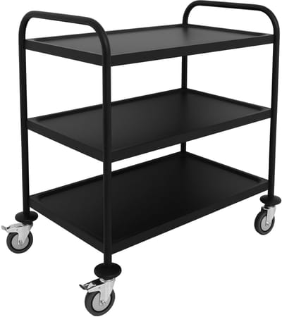 ZORRO RVS serveerwagen | keukentrolley | rolltafel | 3 plateaus | zwart | voor zorg en horeca | met rem en stootranden