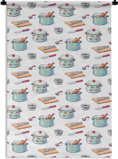 Wandkleed - Wanddoek - Patronen - Koken - Eten - Vis - Pan - 120x180 cm - Wandtapijt