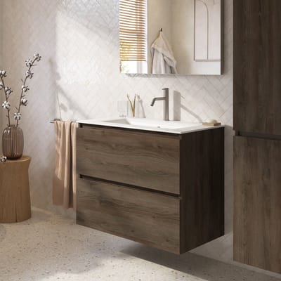 Saqu Terra badmeubel incl. mat witte keramische wastafel 80x46x66cm sepia eiken