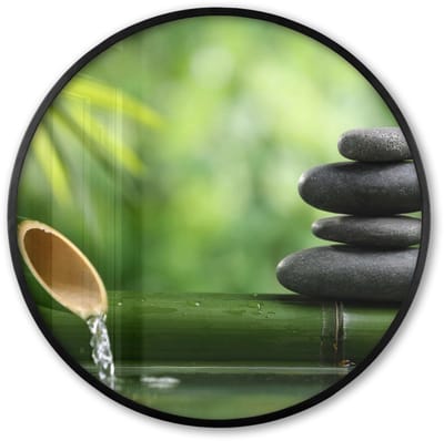 Poster in lijst Rond - Fotolijst 60x60 cm - Posters - Zen - Stenen - Groen - Natuur - Bamboe - Ronde posterlijst zwart - Decoratie - Wanddecoratie woonkamer - Muurdecoratie slaapkamer