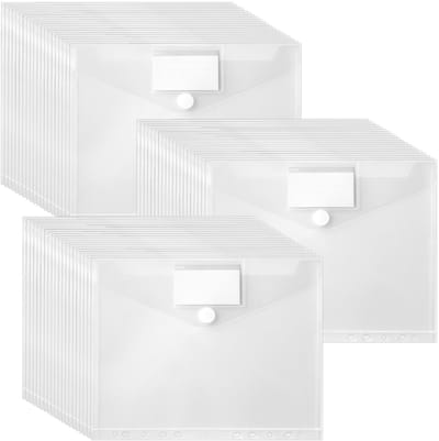 Dailygoods - 60 stuks A4 documentenvakken om op te bergen, transparante A4-documentenmap met klittenbandsluiting en etiketvak, 11 geperforeerde vakken, opbergvakken, verzamelmap voor het organiseren van
