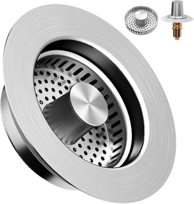 3-in-1 RVS Afvoerzeef Set voor Keuken en Wastafel, Vervangbare Pop-Up Afvoer, Geschikt voor Afvoeropeningen 72-90mm, Diepte > 30mm, Voorkomt Verstoppingen en Geurtjes