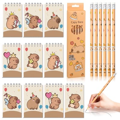 Namajunas - 12 Capybara HB potloden - 10 Capibara notitieboek - Notitieboekje klein - Memoblok - Capybara feestcadeaus voor kinderfeesten, tekenen, schetsen, schrijven, school - Jongens en Meisjes