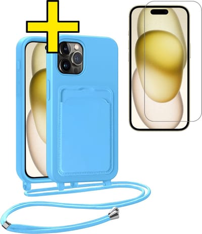 Hoesje Geschikt voor iPhone 14 Pro Telefoonhoesje Met Koord Case Pashouder Met Screenprotector Siliconen - Hoes Geschikt voor iPhone 14 Pro Hoesje Met Kaarthouder - Lichtblauw