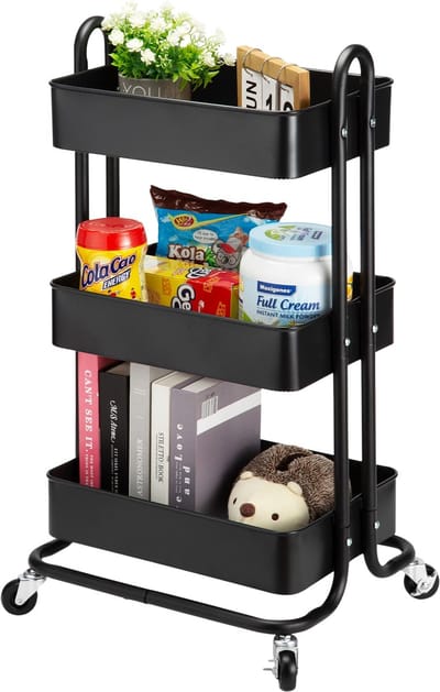 Behave Trolley - Serveerwagen - Keukentrolley - Trolley op Wieltjes - Badkamer Organizer - Opbergtrolley - Keukenrek Staand - 3 Plateus - Zwart