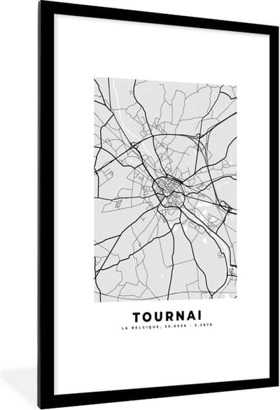 Fotolijst incl. Poster Zwart Wit- Stadskaart – Plattegrond – België – Zwart Wit – Tournai – Kaart - 80x120 cm - Posterlijst