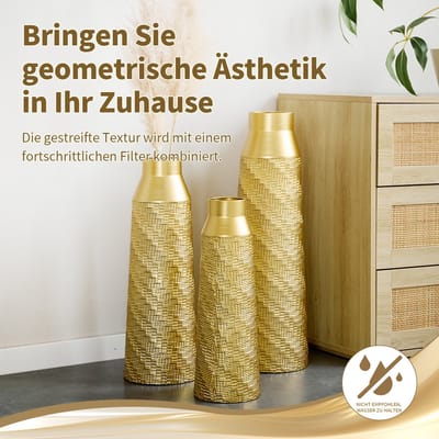 HAUSS SPOLE Vaas – 3 Delige Set Met Unieke Textuur – 61 51 43,5 Cm – Metaal – Goud – Vloerdecoratie Voor Woonkamer En Hal