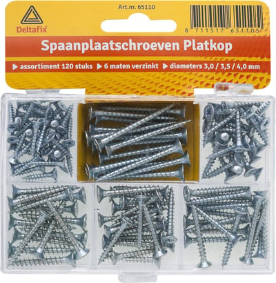 Deltafix assortimentsdoos spaanplaatschroeven - verzinkt - platkop - 120-delig