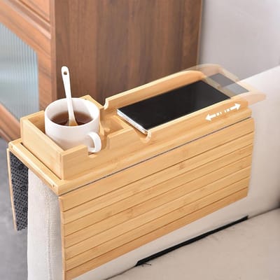 Banklade Tafel - Armleuning Organizer - Bank Ontspanning - 2-in-1 Bamboe Ontwerp - 41 x 34 cm - Natuurlijk