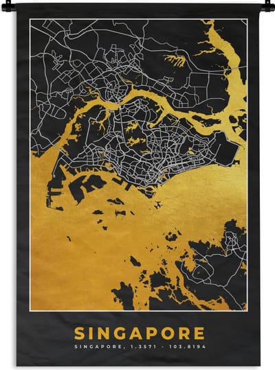 Wandkleed - Wanddoek - Singapore - Stadskaart - Goud - Plattegrond - Kaart - 120x180 cm - Wandtapijt