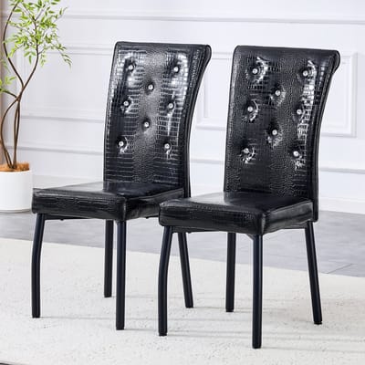 Wishdor - Set Van 2 Eetkamerstoelen - Gestoffeerd Met PVC En Hoge Dichtheid Schuimvulling - Met Kristalknoopdetails En Verstelbare Voetdoppen - Voor Eetkamer, Keuken Of Bar - Zwart Met Gegalvaniseerde Metalen Poten