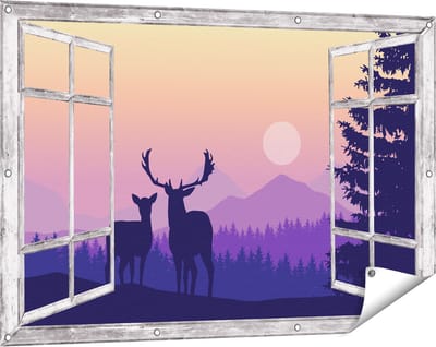 Gards Tuinposter Doorkijk Twee Herten - Zonsondergang - Silhouet - 120x80 cm - Tuindoek - Tuindecoratie - Wanddecoratie buiten - Tuinschilderij