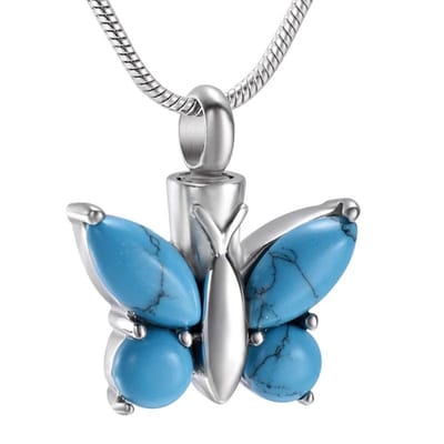 Aramat Jewels | Gedenkhangers | RVS Vlinder Ashanger Diverse Kleuren - Crematie Hanger Gedenksieraad | Blauwe Steen-2,5x2cm | |20mm | Staal | Volwassenen | Verkleurd niet