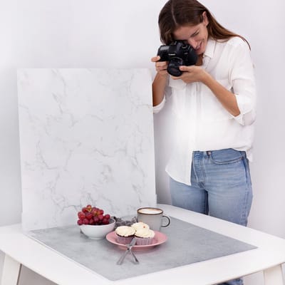 Foto Achtergrond Board - Realistische Fotografie Achtergrond - Voedsel Fotografie Achtergrond - Replica Oppervlakken - Marmer & Wit - 55 x 55 cm - 2 stuks