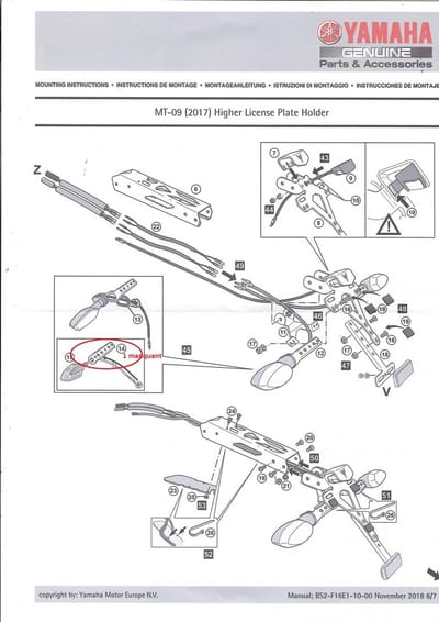 Support Haut LED plaque immatriculation pour moto Yamaha 850 MT-09 BS2F16E01000