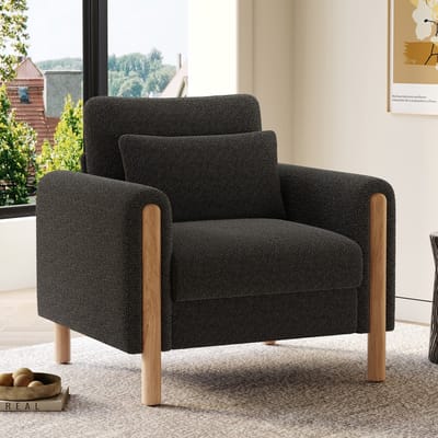 PHOEBE CAT Fauteuil - Met kussen - Slaapkamerstoel - Teddy - Massief houten poten - Donkergrijs