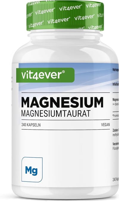 Vit4ever Magnesiumtauraat - 240 vegan capsules - 200 mg elementair magnesium per dagdosis - Organische vorm gebonden aan taurine - Hoog gedoseerd