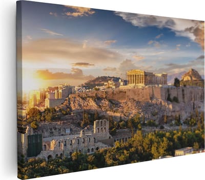 Artaza Canvas Schilderij Akropolis - 30x20 cm - Klein - Wanddecoratie Griekenland - Muurdecoratie Stad - Kamer Accessoires Zonsondergang