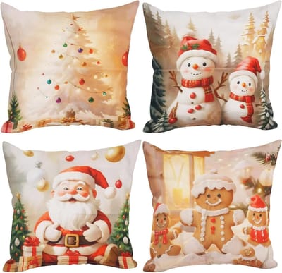 Kerst Kussenhoezen Set van 4 - Santa en Sneeuwman Ontwerp voor Binnenhuisdecoratie en Woonkamer 45 x 45 cm