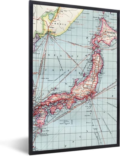 Poster in lijst - Fotolijst 60x90 cm - Posters - Wereldkaart - Vintage - Japan - Posterlijst zwart - Decoratie - Wanddecoratie woonkamer - Muurdecoratie slaapkamer