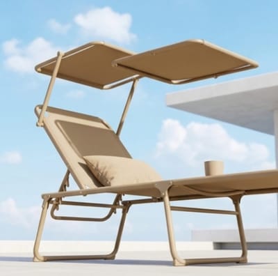 Zonneligstoel 65x200x48 cm inklapbaar met Zonnedak en Verstelbare Rugleuning – Extra Groot Ligbed tot 150 kg voor Tuin, Balkon en Strand – Beige – Bella