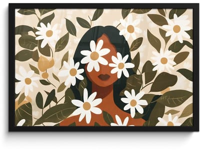 Poster in lijst - Fotolijst 60x40 cm - Posters - Illustratie - Vrouw - Madeliefjes - Wit - Posterlijst zwart - Decoratie - Wanddecoratie woonkamer - Muurdecoratie slaapkamer