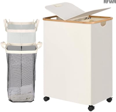 RFWR® Wasmand met deksel en wieltjes - 160 liter, 2 vakken voor eenvoudig sorteren