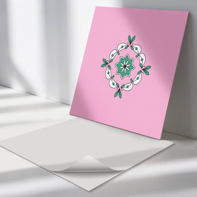 Wallfluent Vinyl Tegels - Bloemenpatroon met Bladeren Vinyl Wandtegels - 30 cm x 30 cm - Roze PVC Tegels - Verpakking van 9 stuks - Vierkant PVC Tegels - Patroon Plaktegels - Wand PVC Tegels - Plaktegels Keuken en Badkamer