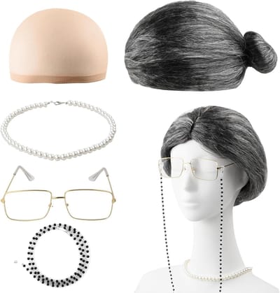 Cosplay Set van 5 voor Grootmoeder met Grijze Perücke, Ketting en Bril voor Feest en Carnaval