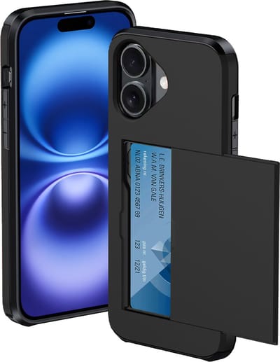 Hoesje Geschikt voor iPhone 16 Hoesje Met Pasjeshouder Hard Case Met Kaarthouder - Hoes Geschikt voor iPhone 16 Hoesje Pashouder Case - Zwart