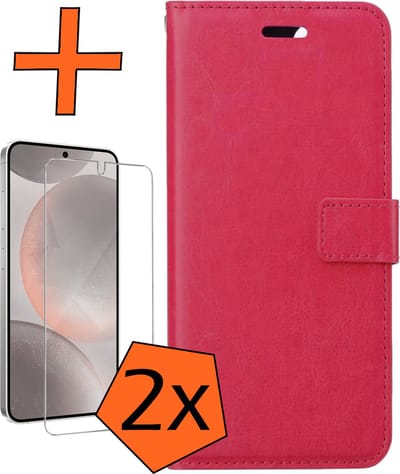 Hoes - Met 2x Screenprotector - Geschikt voor Samsung Galaxy S24 - Luxe Pasjeshouder - Bookcase Portemonee - Flip Case - Kunstleer Book Case - Flipcase Hoes - Book Cover - Walletcase - PortemonneeHoes - Donkerroze
