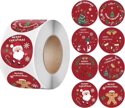 Kerststickers/Zegels - 500 Merry Christmas stickers op rol - 8 designs - Rood 25MM - Decoratie voor kerstcadeaus, kerstpost