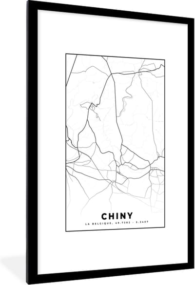 Fotolijst incl. Poster Zwart Wit- Zwart Wit – België – Plattegrond – Stadskaart – Kaart – Chiny - 80x120 cm - Posterlijst