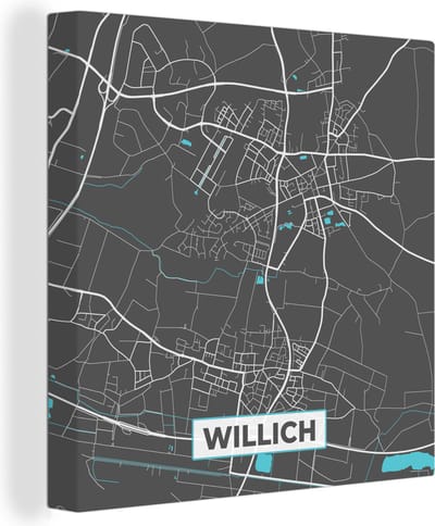 Canvas Schilderij Stadskaart – Plattegrond – Duitsland – Blauw – Willich – Kaart - 20x20 cm - Wanddecoratie