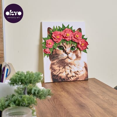 OKTO Sensory Art 3D - Kat Met Bloemenkrans - Air Clay + Kleuren Op Nummers - 30X40Cm - 14 Jaar