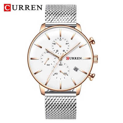 CURREN Horloge 8339 - Zilverkleurig-Roségoudkleurig-Wit – Heren - Quartz - Kalender - Mesh Band - Elegant en Zakelijk