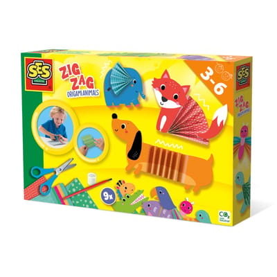SES Creative - Zig Zag Origami Dieren - inclusief schaar - 9 grote dieren - met bedrukt vouwpapier - Knutselen