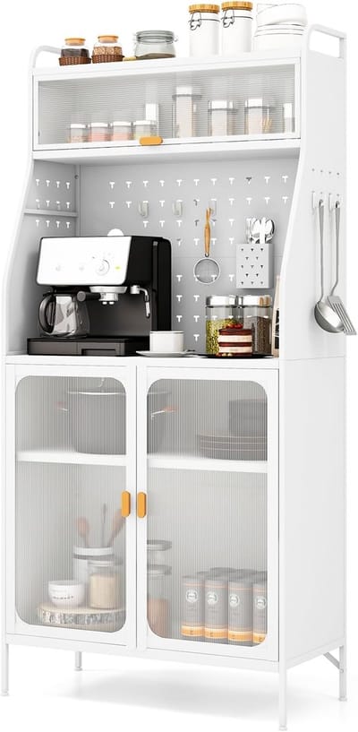 Keukenkast met Haken en Mand, Verstelbare Plank, Klepdeuren, Anti-Kantel, 76x36x161 cm