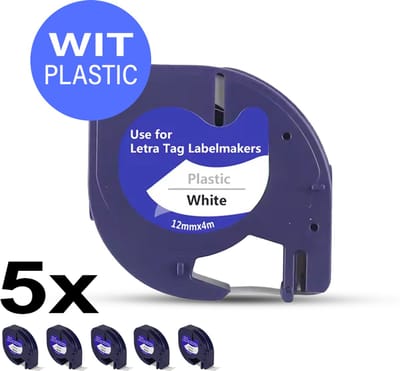 5 Stuks - Navulling Geschikt Voor Dymo LetraTag Labelprinter - dymo letratag navulling - Compatible Labels 91201 / S0721610 - Zwart op Wit Plastic - 12 mm x 4 m - Etiketten/Labeltape