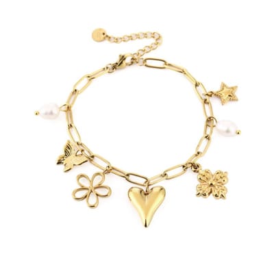 Bijoutheek Armband (Sieraad) Bedels Hart Parel Bloem Goudkleurig