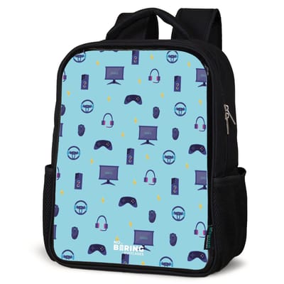 NoBoringSuitcases.com® - Rugzak zwart - Schooltas jongen & meisje - Gamer patroon met spelaccessoires op blauw - Rugtas voor school - Boekentas kind - Schoolrugzak - Kinderrugzak