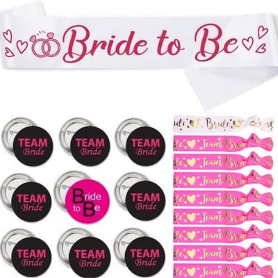 Bride to Be en Team Bride set met sjerp, armbanden en buttons roze, zwart en wit 18-delig - vrijgezellenfeest - sjerp - button - armband - bride to be - team bride - bruid - trouwen