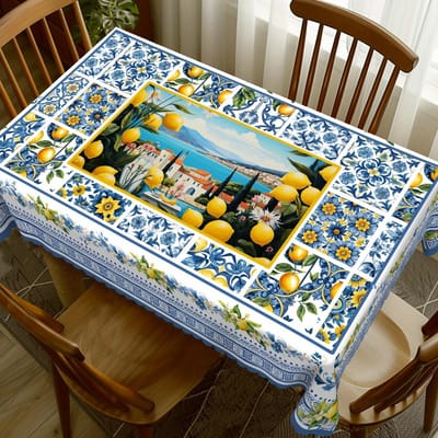 Zomer Citroen Blauw Bloemig Rechthoekig Tafelkleed voor Tafeldecoratie Mediterraanse Kustplaats Tegel Patchwork Tafelkleed Feestdecoratie 90x140cm gray