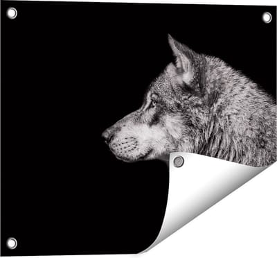 Gards Tuinposter Wolvenkop - Wolf - Zwart Wit - 50x40 cm - Tuindoek - Tuindecoratie - Wanddecoratie buiten - Tuinschilderij