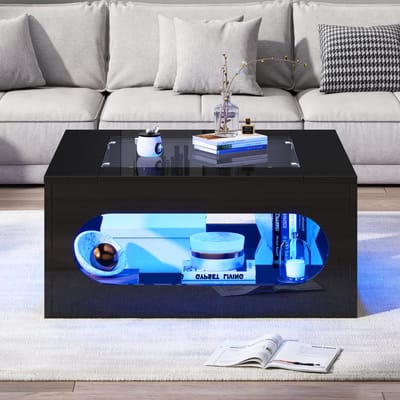 MODFU Hoge glans salontafel zwart 70x70x35 cm, vierkant, met LED-verlichting, glazen blad en open middenvak, MDF