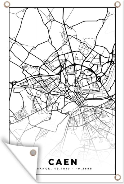 Muurdecoratie Kaart - Caen - Stadskaart - Frankrijk - Plattegrond - Zwart wit - 120x180 cm - Tuinposter - Tuindoek